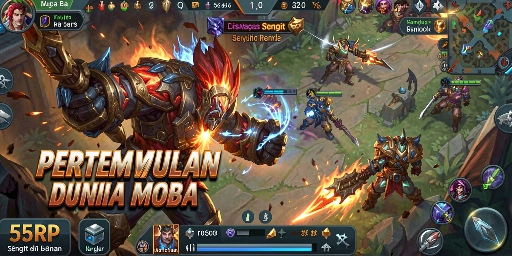 Gameplay seru di 55RP dengan pertempuran MOBA yang intens.